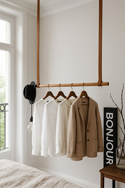 ESLENTA 100 Cm Duvara Monte Ahşap Askılık | Pamuk Şeritli Doğal Elbise Askısı