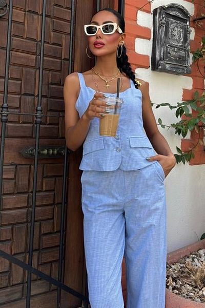 VİBE UNİCO Thick Strap Blouse Trousers Linen Suit 10187