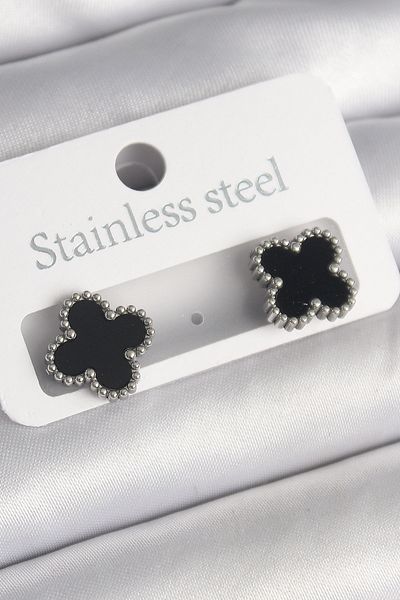 Skygo 316L Steel Silver Color Black Clover Model Women's Earrings - Tj-Bkp10201