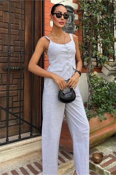 COTTONLAB Thick Strap Blouse Trousers Linen Suit 10187
