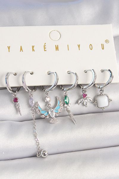 Skygo Brass Silver Color Zircon Stone Bird Figure Flower Detail 6-Piece Women's Combination Earrings - Tj-Bkp10454