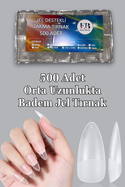 Easy Beauty 500 Adet Yeni Nesil Jel Destekli Orta Badem Takma Tırnak Seti