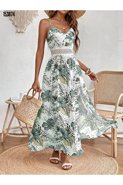 JANES New Season Women's Summer Rope Strap V-Neck Waist Guipure Detail Floral Patterned Side Slit Dress