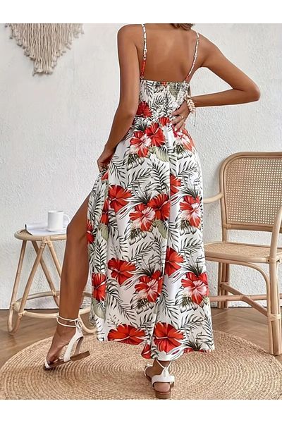 Creatif Women's Rope Strap V-Neck Waist Guipure Floral Patterned Side Slit Maxi Single Jersey Dress
