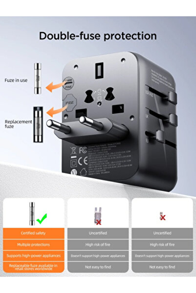 Joyroom All-in-one adapter with 3 USB-A, 1 USB-C, and AC ports; UK, US, AU, EU plugs; 17W output
