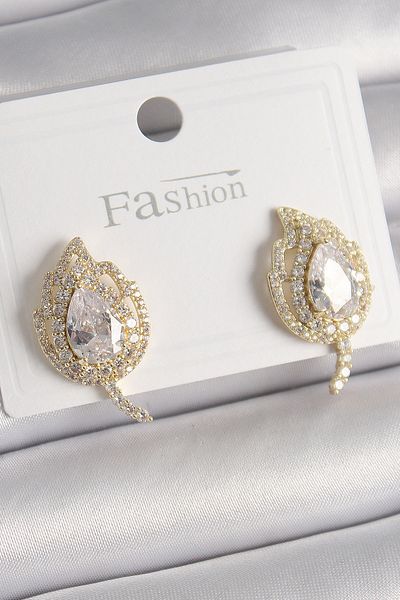 Skygo Brass Gold Color Zircon Stone Leaf Model Women's Earrings - Tj-Bkp9945
