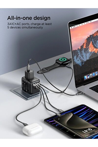 Joyroom All-in-one adapter with 3 USB-A, 1 USB-C, and AC ports; UK, US, AU, EU plugs; 17W output