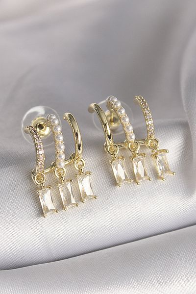 Skygo Brass Gold Color Pearl Detail Hanging Zircon Stone Women's Earrings - Tj-Bkp9784