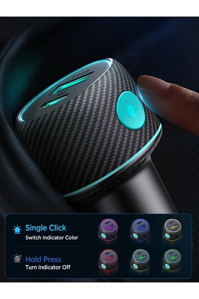 Joyroom JR-CCN01 60W USB+USB-C / Type-C Multi-color Car Charger with Light Button Black