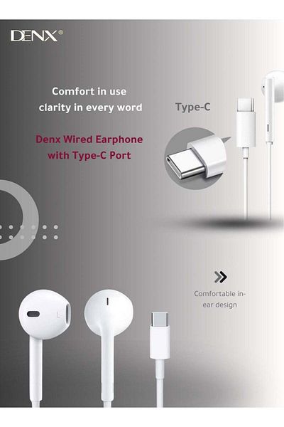 Denx سماعات أذن سلكية بمنفذ USB-C مع ميكروفون وتحكم في مستوى الصوت، سماعات أذن داخلية (أبيض) - صوت عالي الجودة