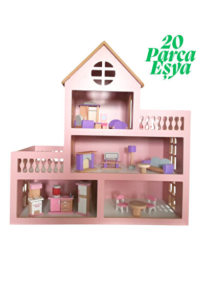 HOBBY HOUSE Ahşap Oyun Evi 20 Adet Premium Eşya Setli