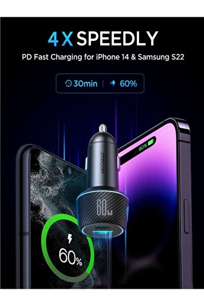 Joyroom JR-CCN01 60W USB+USB-C / Type-C Multi-color Car Charger with Light Button Black