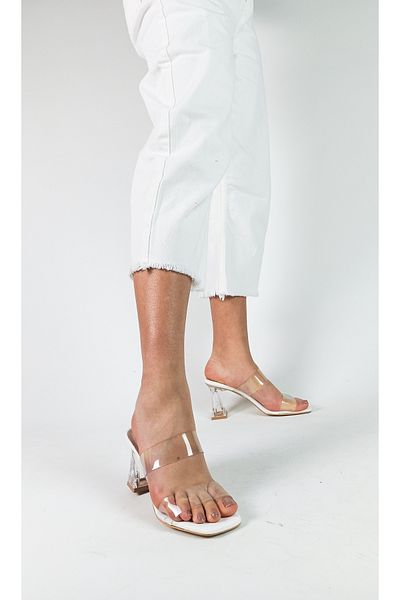 GDT Ayakkabı White Color Transparent Tape Heel Thick Heel Women's Slippers