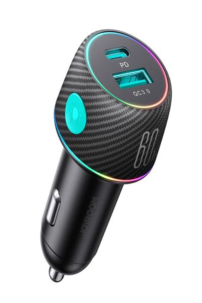 Joyroom JR-CCN01 60W USB+USB-C / Type-C Multi-color Car Charger with Light Button Black