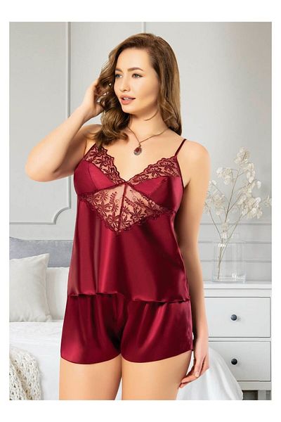 Funtasy Women's Plus Size Dark Red Lace Satin Shorts Suit Nightgown