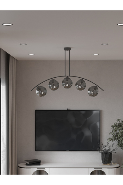 avizade Lal Modern Siyah 5’li Füme Cam Küre Avize | Yay Formlu Tavan Aydınlatma