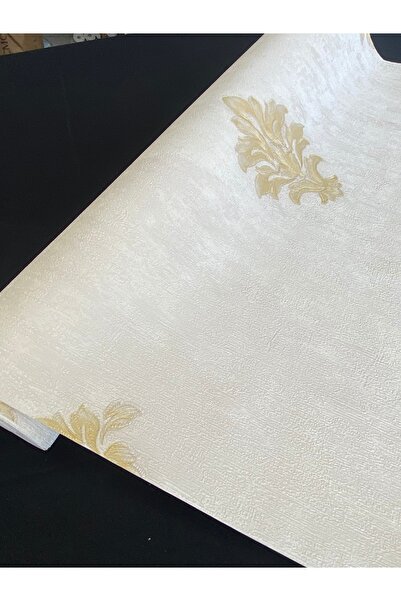 KOÇ YAPI DEKOR Tutkal Hediye Damask Krem Gold Kabartmalı Kumaş Dokulu Ithal Duvar Kağıdı