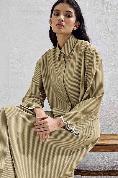 Hooopstore Luna Embroidery Detailed Striped Camel Skirt Suit