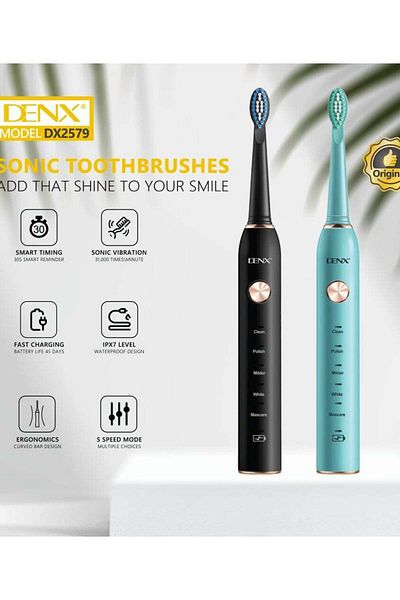 Denx فرشاة أسنان قابلة لإعادة الشحن مع 3 رؤوس فرشاة، محرك بالموجات فوق الصوتية، 5 أوضاع، قابلة لإعادة الشحن، مقاومة للماء،