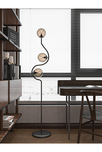 avizade Perla 3'lü Bal Cam Küre Lambader - Kıvrımlı Siyah Gövdeli Modern Yer Lambası