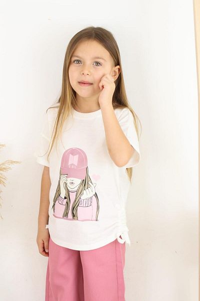 ESİLA KİDS Girl's Suit Hat Girl Printed T-Shirt and Beige Wide Leg Pants Bottom and Top Suit 6-13 Years