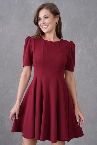 bayansepeti Women's Burgundy Pleated Design Princess Sleeve Detail Flared Cut Mini Dress 2199