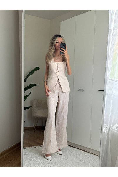 MODA Beige Linen Vest Pants Set