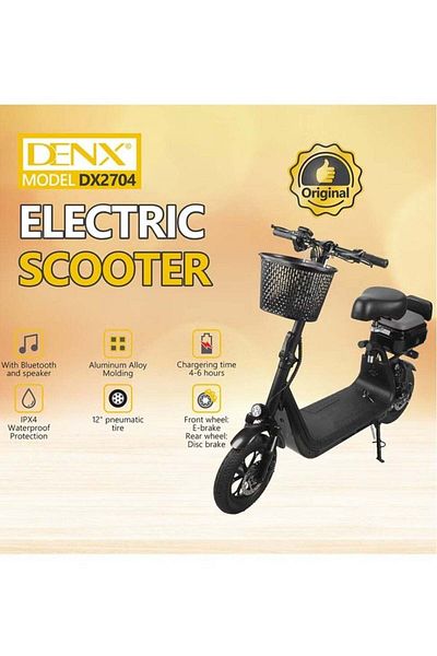 Denx سكوتر كهربائي DX2704 بمحرك 500 واط، سرعة 30 كم/ساعة، إطارات هوائية 12 بوصة مع بلوتوث و