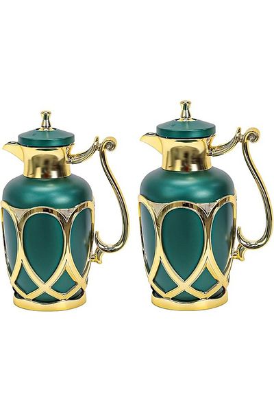 ALSAIF Metal Body 2 Pieces Coffee & Tea Vacuum Flask Set Matt Green/Gold 0.7/1.0Liters