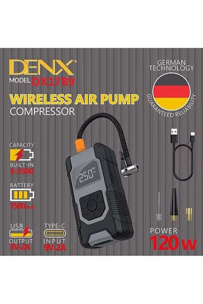 Denx منفاخ إطارات سيارة لاسلكي | ١٢٠ واط مع شاحن محمول ٧٥٠٠ مللي أمبير/ساعة، وإضاءة LED عالية السطوع