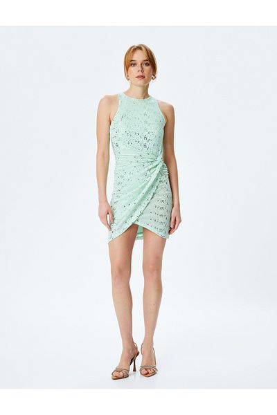 Koton Nou sezon Mini rochie cu decolteu cu sclipici, fără mâneci, bodycon