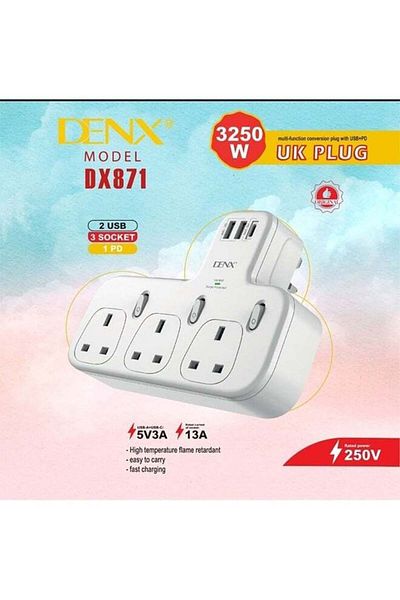 Denx شريط طاقة حائطي مزود بثلاثة منافذ ثلاثية ومنفذين USB ومنفذ PD يدعم الشحن السريع