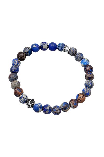 KUZZOI Armband Herren Beads Kugeln mit Achat Blau in 925 Sterling Silber Oxidiert