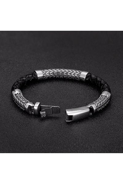 REDz Accessories Brățară Viking, Bărbătească, Piele și Oțel Inoxidabil, Neagră
