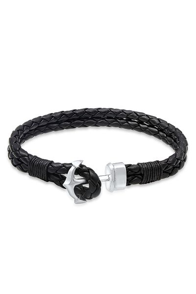 KUZZOI Armband Mann Geflochtenes Leder Ankerverschluss 925 Sterling Silber