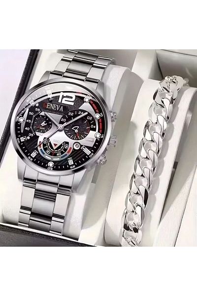 REDz Accessories Gift Set With Watch And Bracelet, For Men, Business Geneva Model, Stainless-steel, Silver