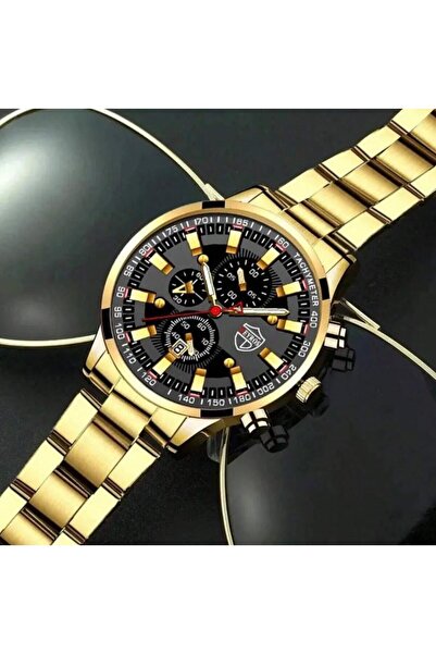 REDz Accessories Σετ Δώρου 3 Αξεσουάρ, Ρολόι + Βραχιόλι + Αλυσίδα, για Άνδρες, Elegant Model Deyros, Χρυσό και Μαύρο