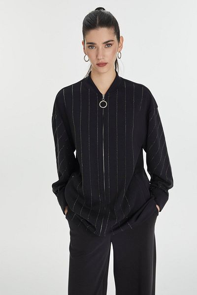 Zühre Stone Processing Detailed Zippered Black Double Suit Tk-1456