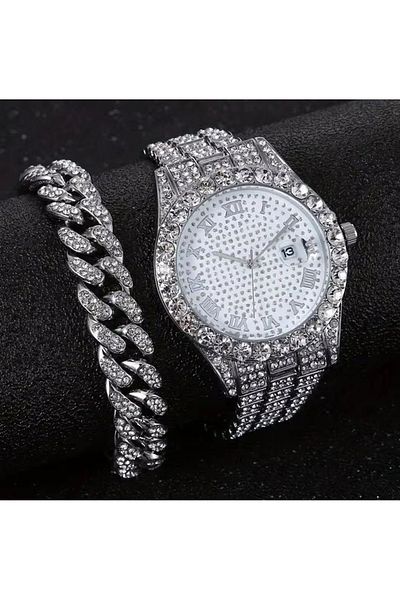 REDz Accessories Gift Set 2 Cuban Accessories, Watch + Bracelet, Zirconia Crystals, Crystal Waterfall, Metal, Silver