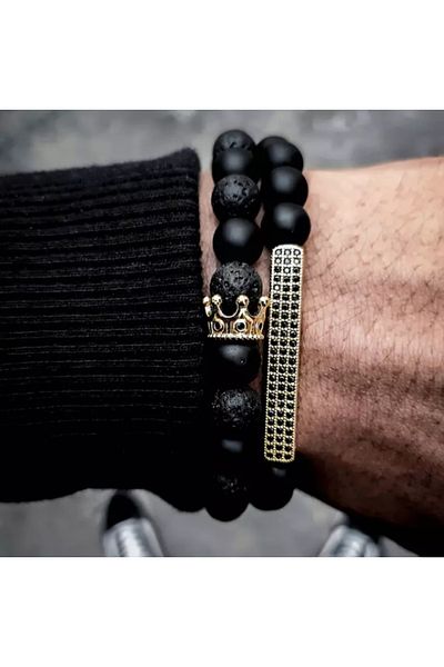 REDz Accessories Set de 2 brățări cu mărgele, coroană și tijă, rocă vulcanică, negru