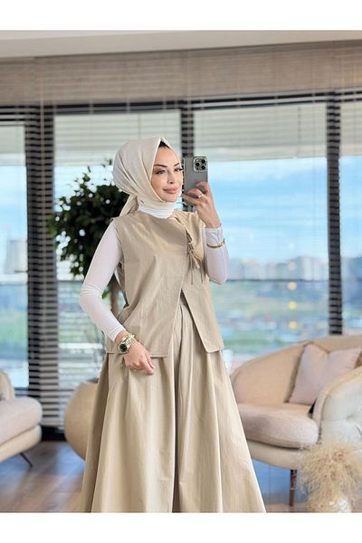 ALANUR 2928 Vest Lacing Detailed Skirt Suit