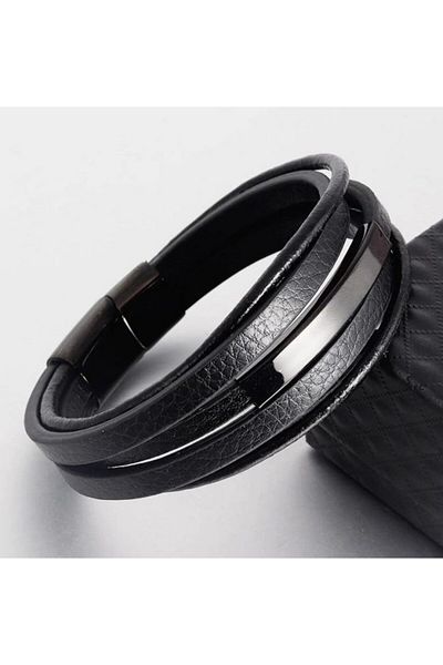REDz Accessories Set bărbătesc, brățară din piele naturală + lanț metalic, modă, colecția 2023, negru