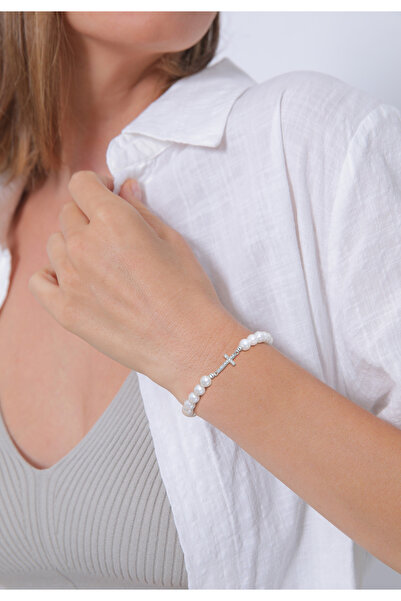ELLI Brățară elegantă pentru femei cu cruce, cu perle și cristale din argint 925