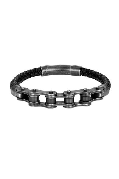 REDz Accessories Brățară cu lanț de bicicletă, bărbați, piele și oțel inoxidabil, neagră