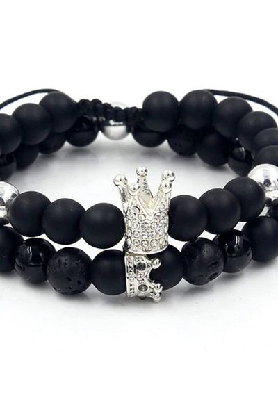 REDz Accessories Set de 2 brățări negre, King/Queen, zirconiu cubic, elemente din argint