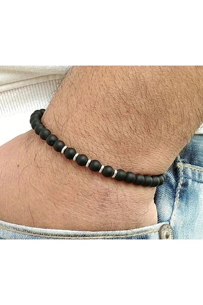 REDz Accessories Brățară bărbătească cu mărgele, inele metalice, negru
