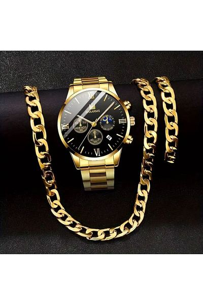 REDz Accessories Set cadou Shaarms, 3 accesorii cubaneze, ceas + lanț + brățară, metalic, auriu