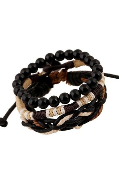 REDz Accessories Set de 3 brățări vintage, curea multiplă, piele, maro/crem/negru