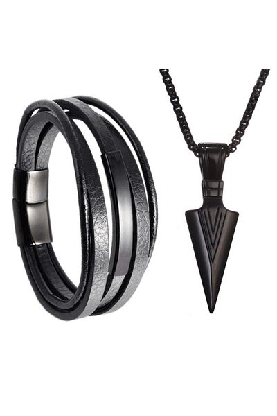 REDz Accessories Set bărbătesc, brățară din piele naturală + lanț metalic, modă, colecția 2023, negru