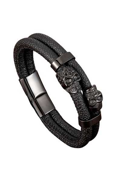 REDz Accessories Brățară cu craniu dublu, bărbați, piele naturală, negru-negru